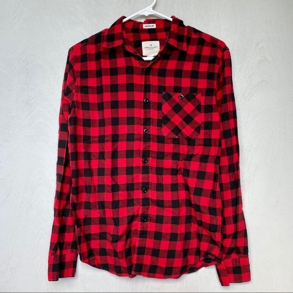 American Eagle Red & Black Buffalo Plaid Button Down Shirt | Oversized Fit - Picture 1 of 6